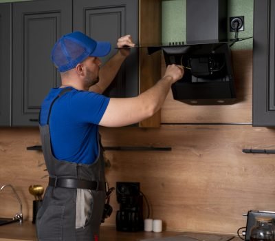 A handyman in uniform, installs or repairs a kitchen hood, replaces the filter in the hood. Construction, maintenance and repair concept.